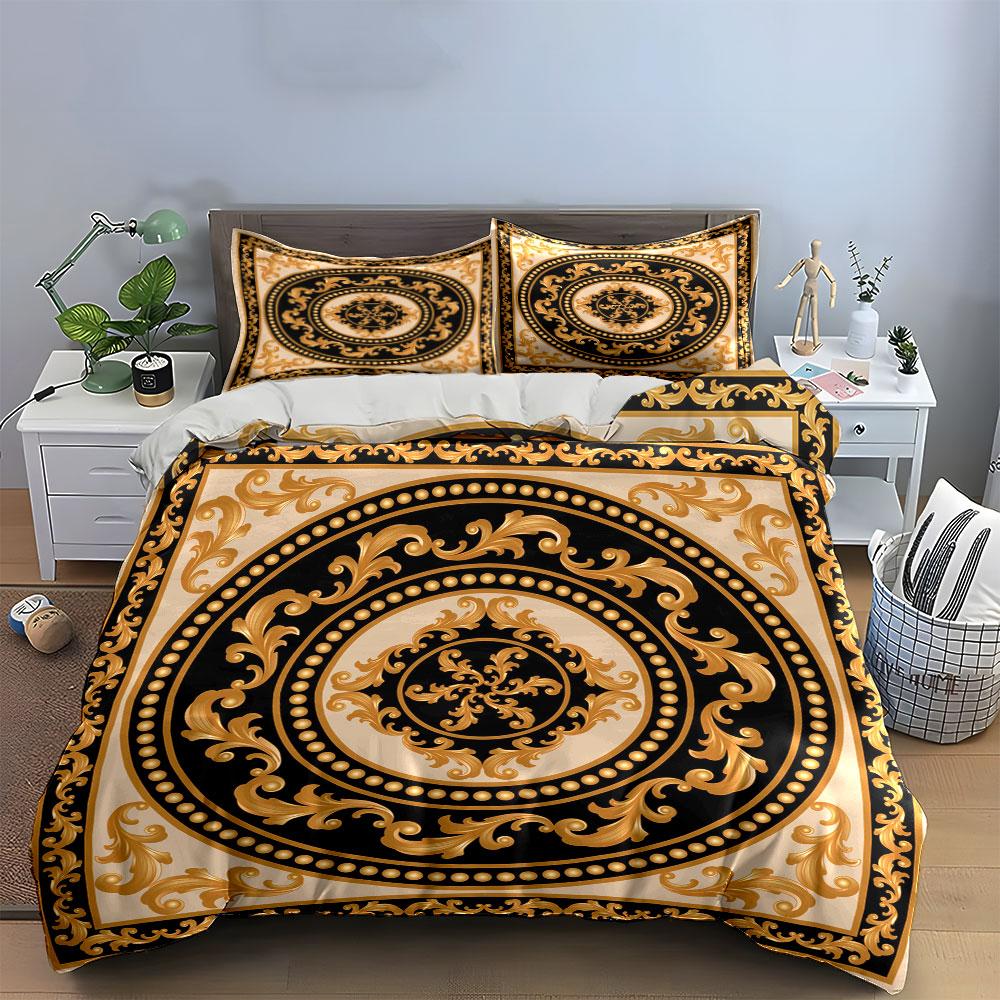 3Pcs Baroque Style Bedding Set, Gold Black Beige Ornate Pattern Print Duvet Cover + 2 Pillowcases, Luxury Decor