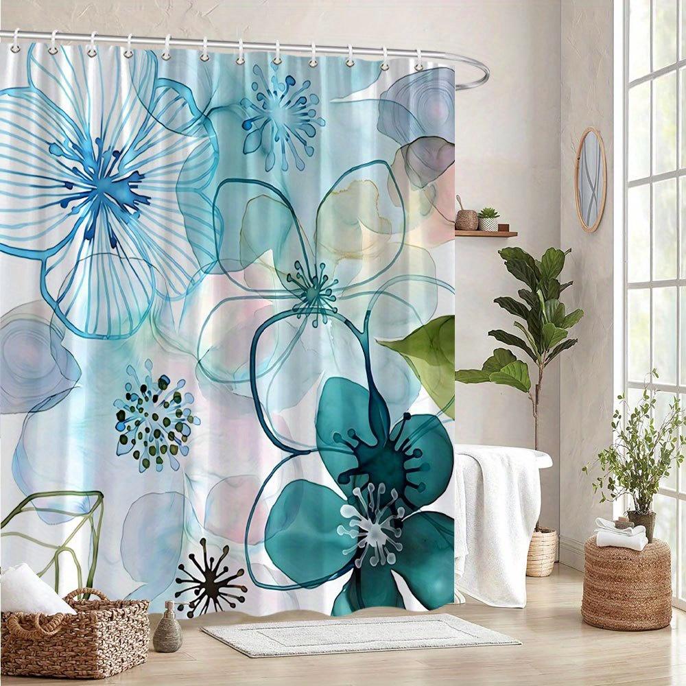 1pc Abstract Floral Shower Curtain - Blue, Teal, Green Flowers, Modern Design, Polyester, 70x70In, 12 Hooks, Washable