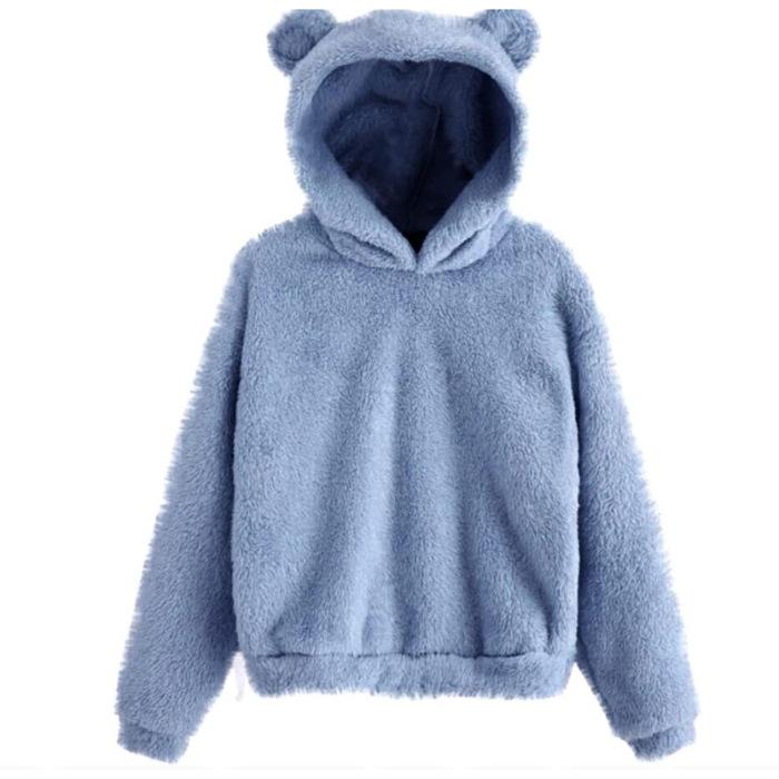 Winter Korean Fashion Bear Ears Cute Loose Hoodie Fluffy Hooded Warm Sweatshirt Long Sleeve Top Solid Pullover Clothes For Women
