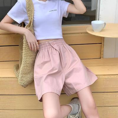 Pink Small Person Design Summer Wide-leg Shorts for Women Elastic High Waist One-button Casual Sports Pants for Women