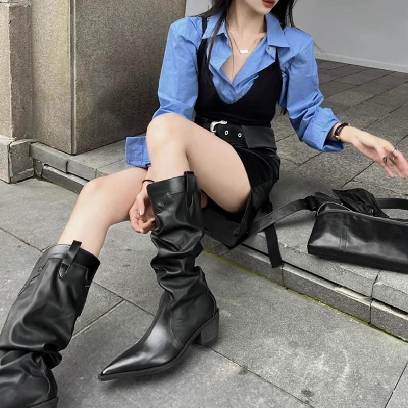 Cowboy Western Boots Women's Pleated Pile Boots Autumn Retro Niche Thick Heel Pointed Boots Tall Boots