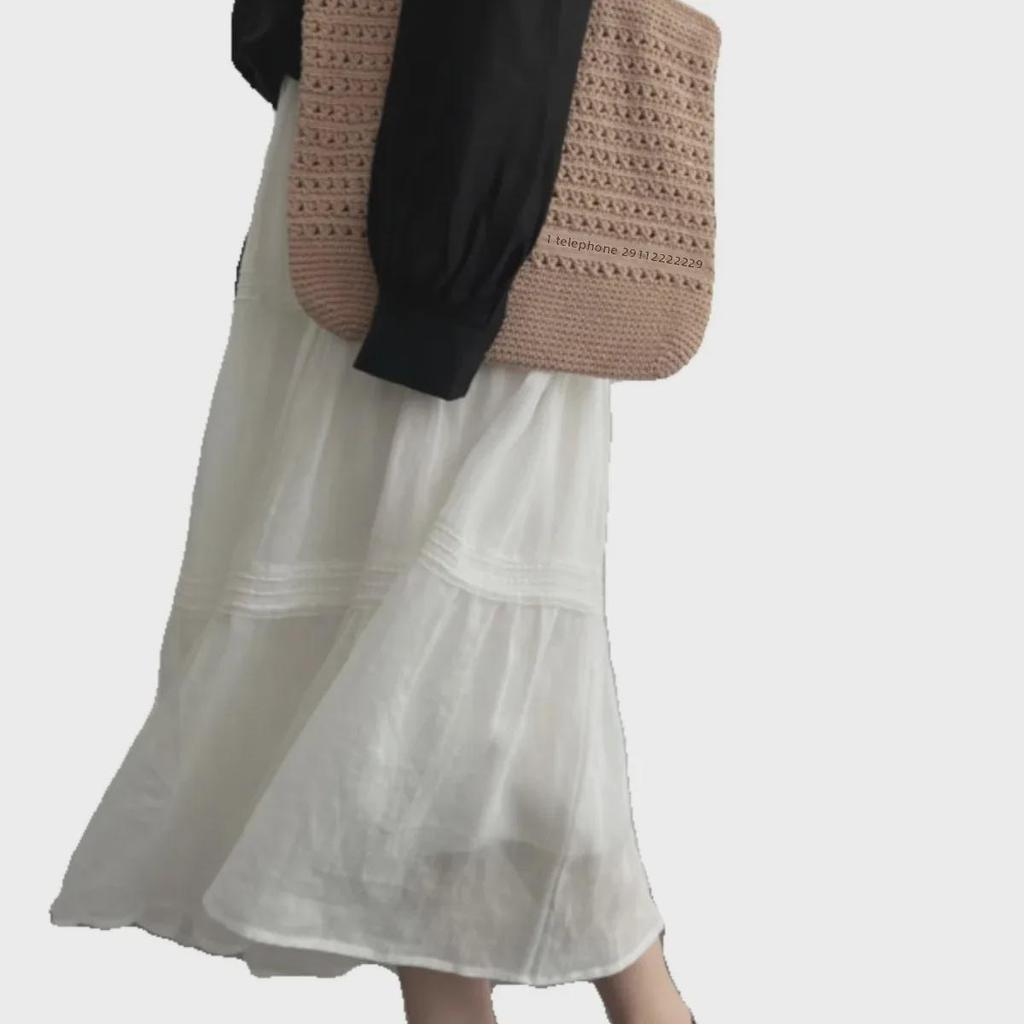 Women's High Waist White Lace Patchwork Ramie A-line Midi Skirt - Spring/Summer 2025