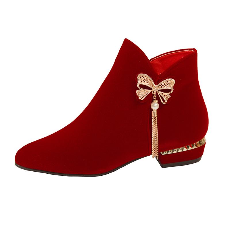 

Модные зимние новые ботильоны на толстом каблуке из хлопка, женские модные замшевые с острым носком, с боковой молнией, с бантом-бабочкой, короткие, свадебные туфли 40