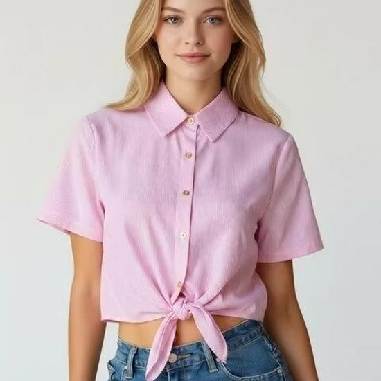 

2026 Women s Short-Sleeved Lapel Stripe Twist Design Shirt for Spring/Summer XL розовый