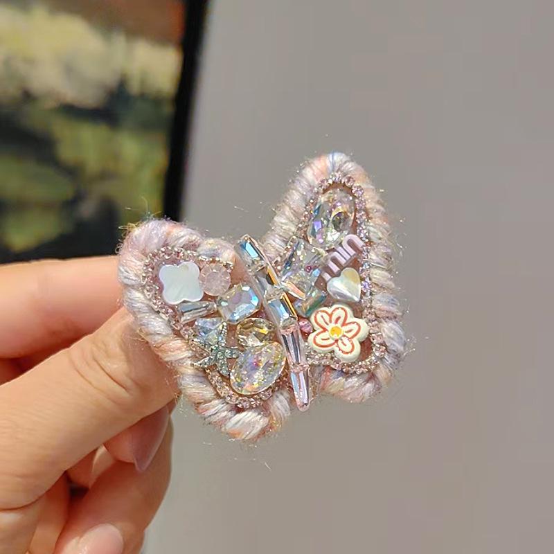 

Pink Floral Rhinestone Butterfly Hair Clip for Women - Dopamine Yarn Duckbill Clip