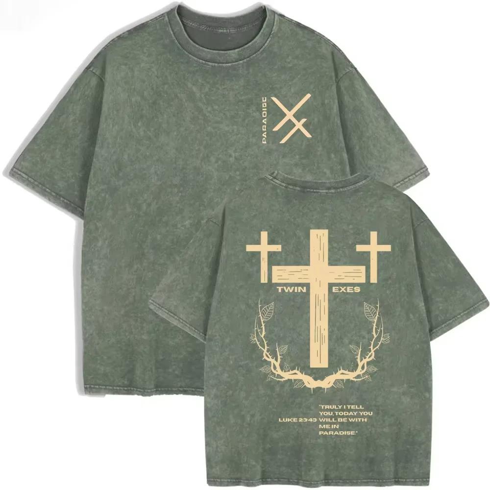 Retro Acid Wash Oversized Tee Christian Cross Paradise Letter Graphic Casual Men Women Streetwear T Shirt
