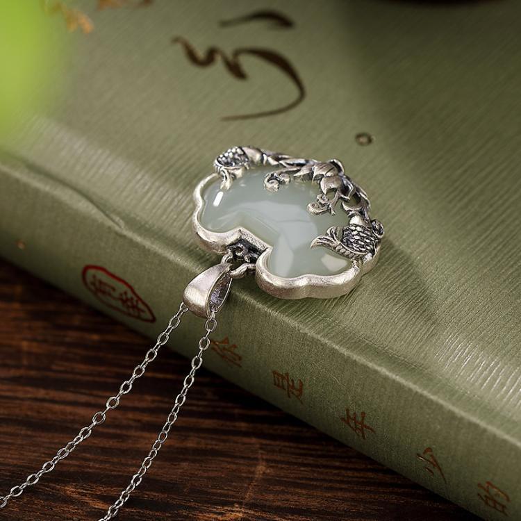 S925 Sterling Silver Hetian Jade Carp Lotus Pendant Necklace with Matte Ruyi Floral Charm