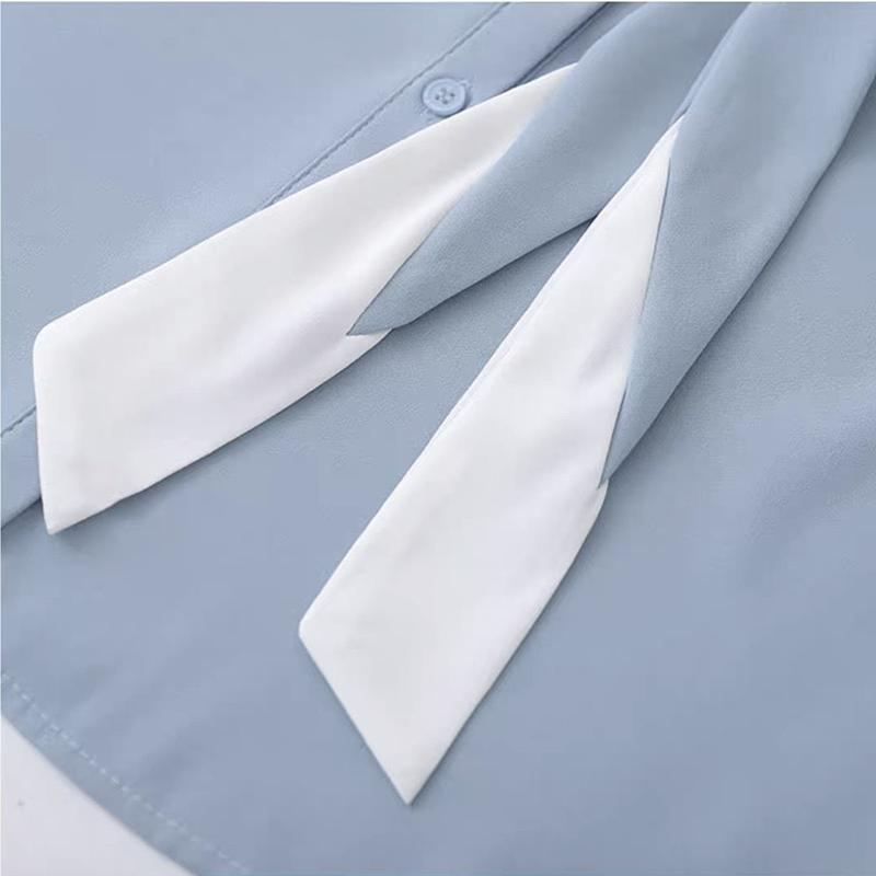 Bow Tie Blouse Women Summer Thin French Blouse Women Loose Belly Short-sleeved Chiffon Shirt Solid Shirt