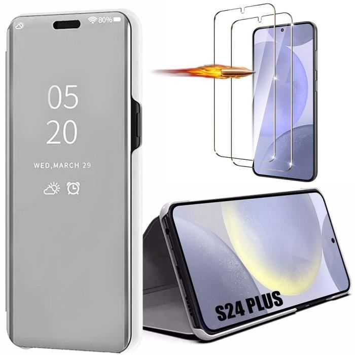 Coque - BOOLING - S24+/ S24 Plus - Effet Miroir - Rigide Flip - Translucide Argenté - avec 2 Verres Trempés