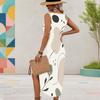 Women Plus Size Sleeveless U Neck Abstract Printed Midi Dress High Side Slit Curved Hem
