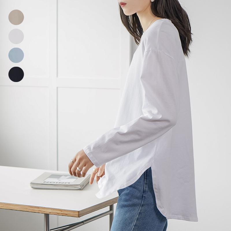 

Женская футболка с длинным рукавом и низом на весну и осень, однотонная, из чистого хлопка, модная, универсальная, с боковыми разрезами внутри S