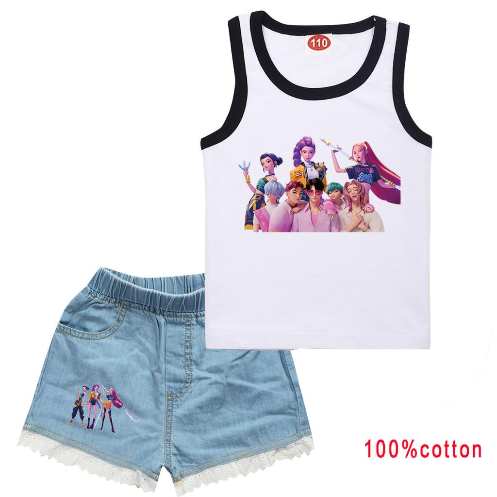 Kids Girls Anime Cartoon K-Pop Printed Cotton Sleeveless Tank Top Jeans Shorts Clothes Set