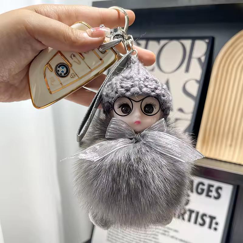 Cute Big Eyed Doll Pompom Keychain Fur Bag Pendant for Women Keyring  Accessories