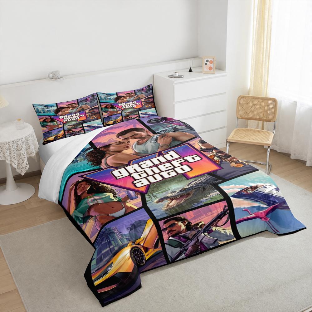 GTA 6 Vice City Comic Panel Bedding set (1 duvet cover, 2 pillowcases, duvet not included) for Game Room Bedroom Decor, Gaming Poster Art Print