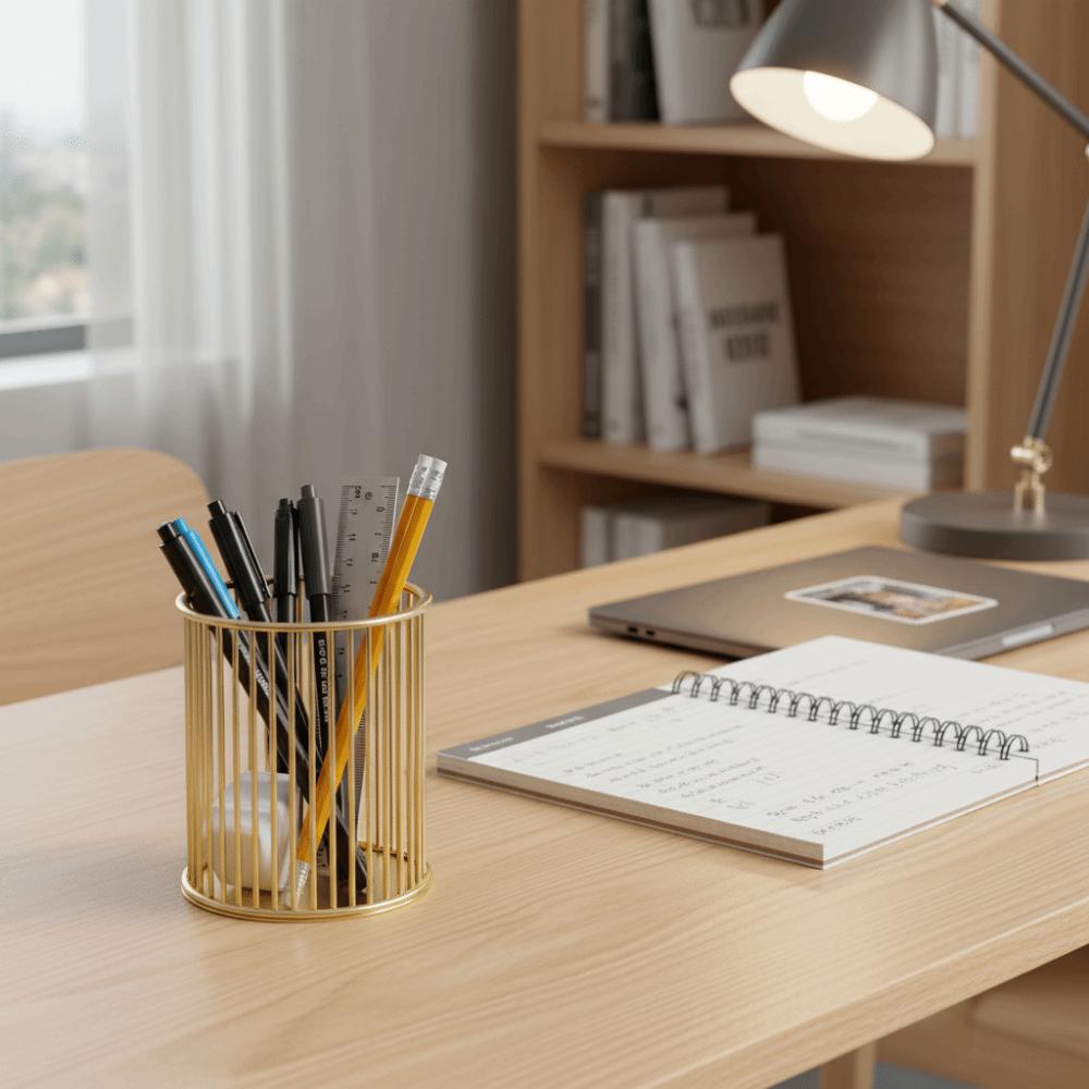 Metal Material Desktop Organizer Gold Color Pencil Organizer Storage Bucket Pen Holder  School Use
