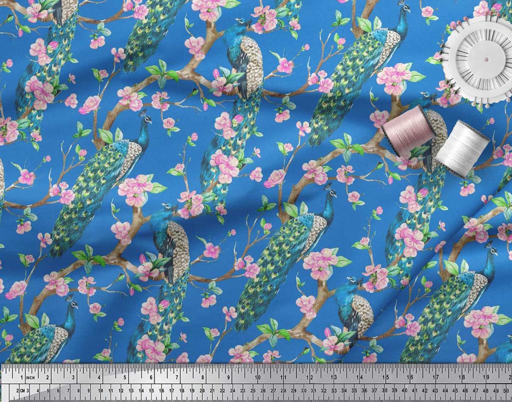 Soimoi Black Poly Crepe Fabric Pink Flower|Branch & Peacock Bird Print Fabric by the Yard 42 Inch