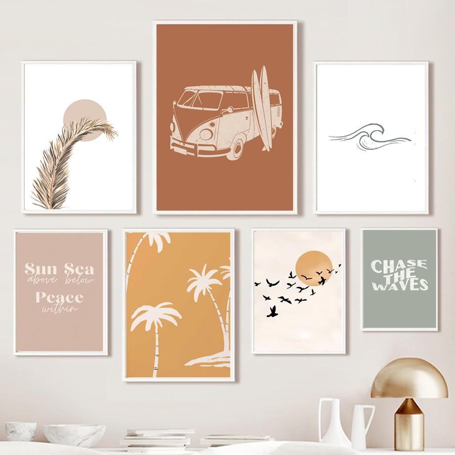 Linie Val Plajă Palmier Surf Pasăre Boho Postere Și Imprimeuri Pictură pe Pânză Artă Nordică de Perete Imagini Pentru Living Decor Acasă