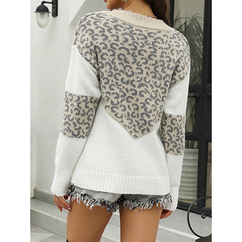 New Autumn Winter Women Patchwork Sweaters V Neck Loose Full Sleeve Vintage Leopard Pullovers Knit Long Sleeve