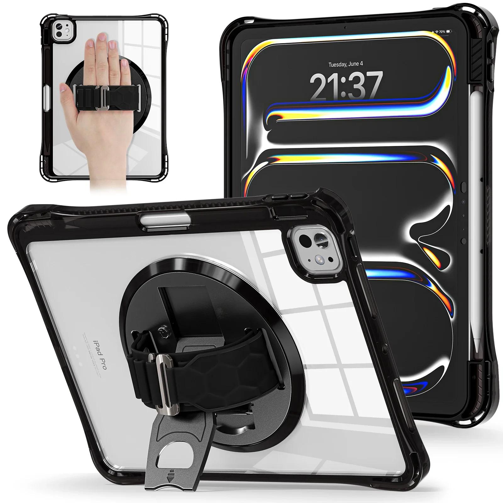 Handband Rotatie Standaard Tablethoes Voor iPad Pro 13 11 Air 4 5 6 7 8 9 10e 11e Generatie Mini Hoesjes Transparante Cover ipad mini 6th 7th zwart
