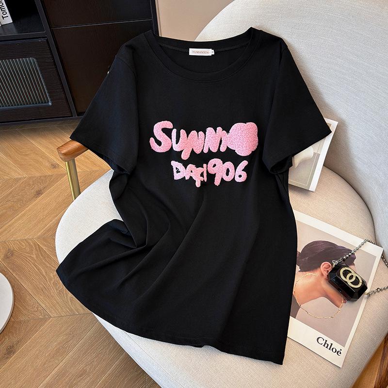 Women's Plus Size Mid-Length Loose Fit Round Neck Short-Sleeve T-Shirt (200/300/350 Jin, Style 6107)