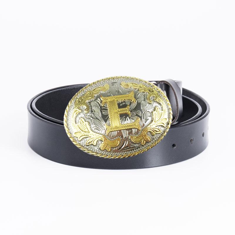 Gold and Silver Ethnic E Character Leather Belt: European & American Style, Two-Layer Cowhide Waistband