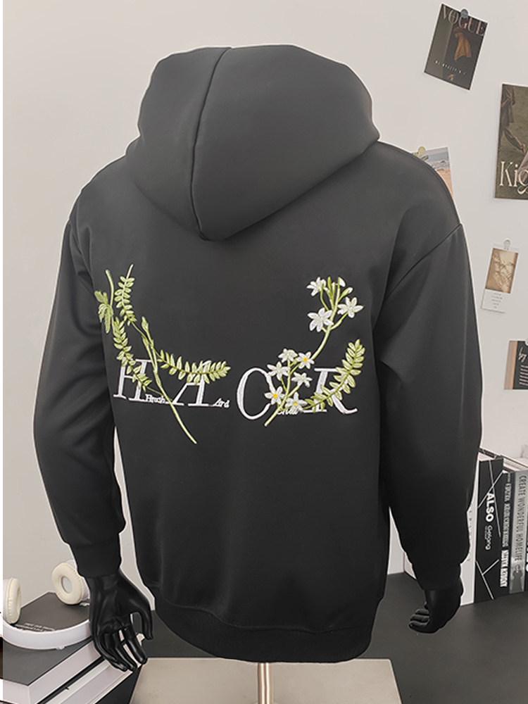 Men's Fleece-Lined Floral Embroidered Hoodie, Autumn/Winter 2026, Loose Fit Pullover, Couple's Style.