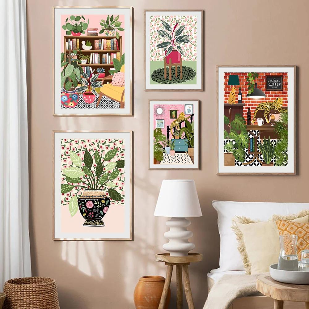 Abstract Tropical Plant Flower Black Cat Posters Boho Wall Art Canvas Paintings Prints Wall Pictures For Living Room Decor