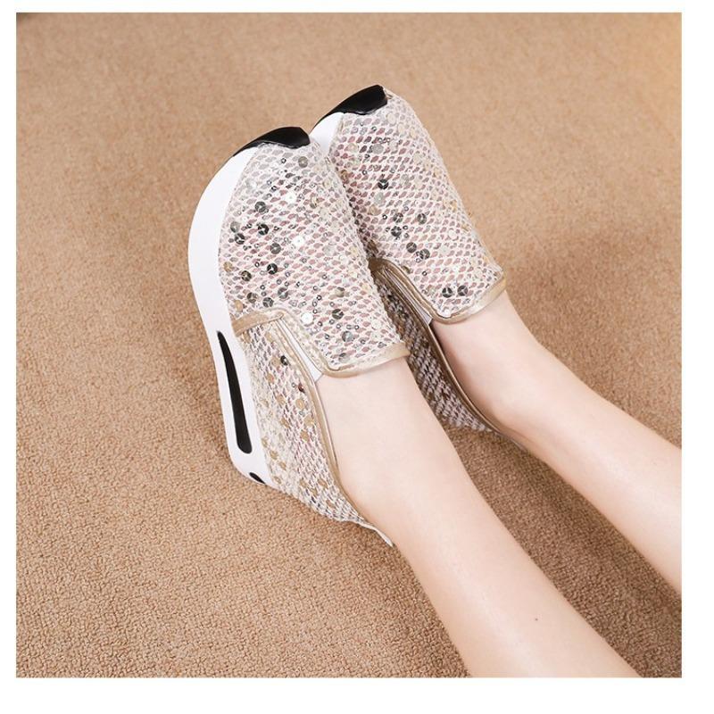Inner height-increasing white shoes, lace sequins, mesh one-pedal single shoes for women, summer new breathable sneakers for women