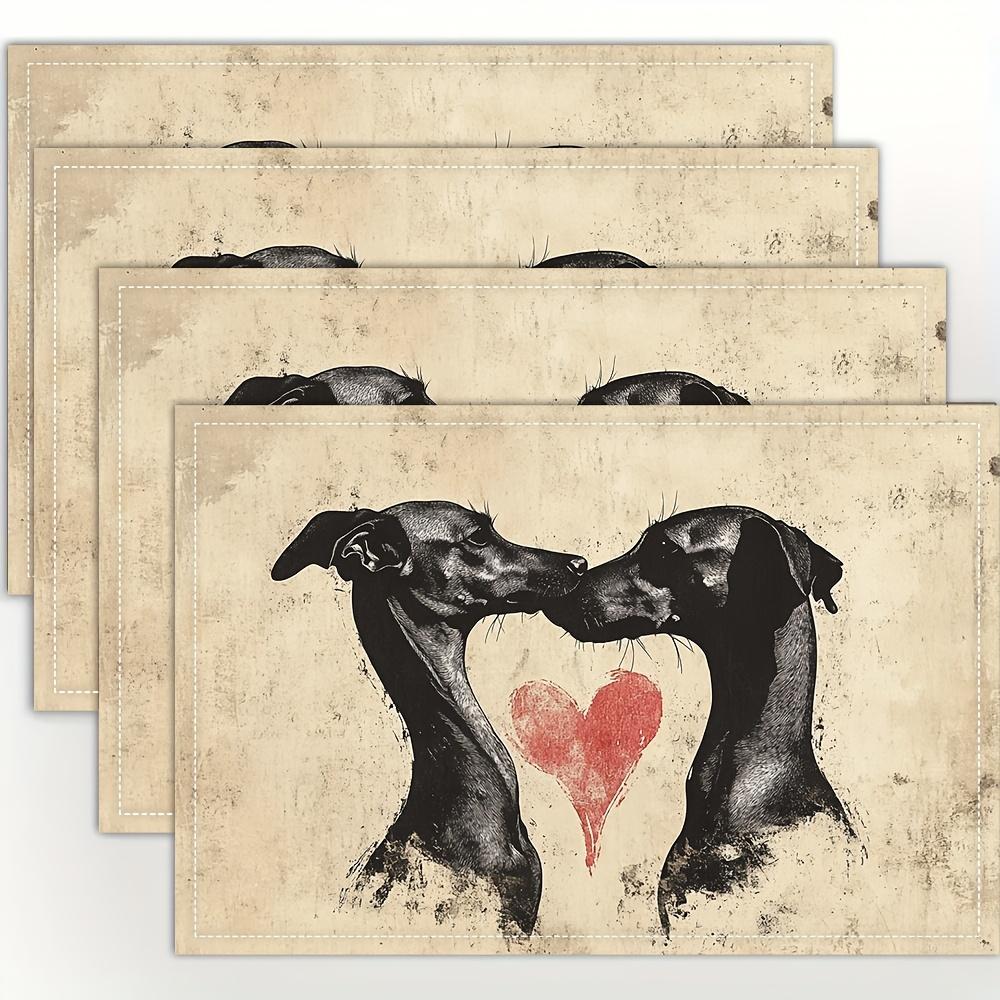 

Linen Placemats Set of 4 with Two Dogs Kissing and Red Heart Design Washable Table Mats for Dining Table Kitchen Decor 4Pcs-30X45cm(12X18in