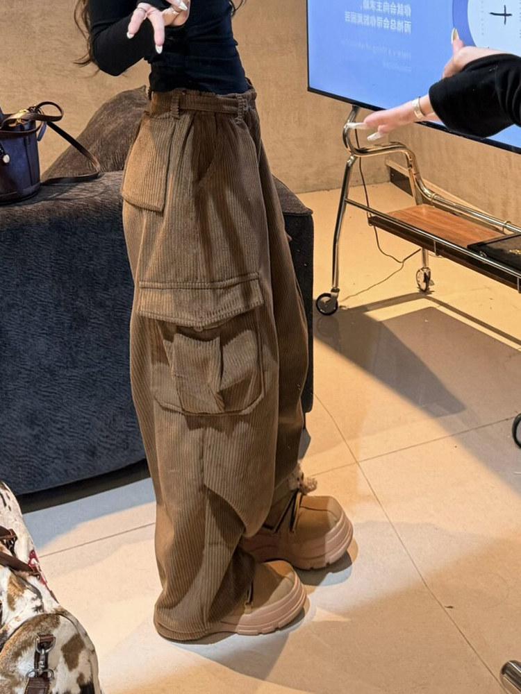 Women's Retro Brown Corduroy Wide-Leg Winter Pants with Velvet Lining