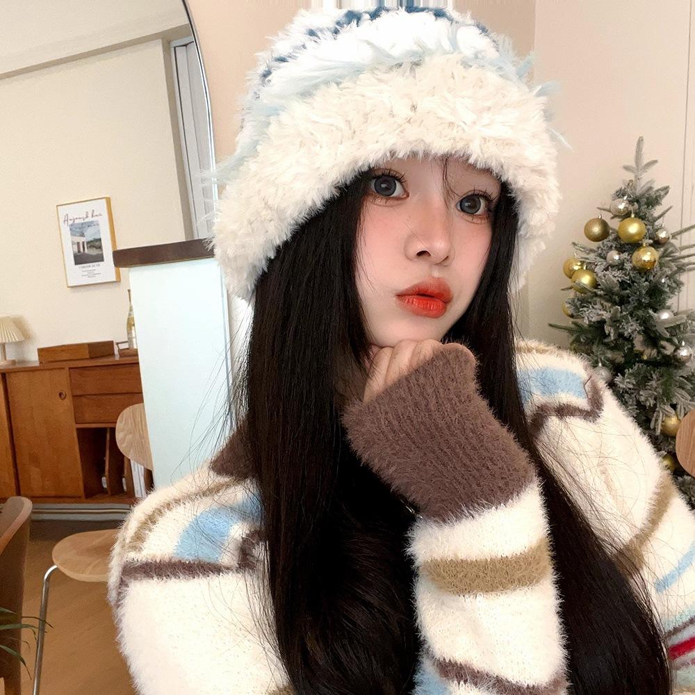 Color Striped Imitation Rabbit Hair Knitted Wool Hat Children's Autumn and Winter Splicing Thickened Warm Plush Ear Protector Crouch Hat