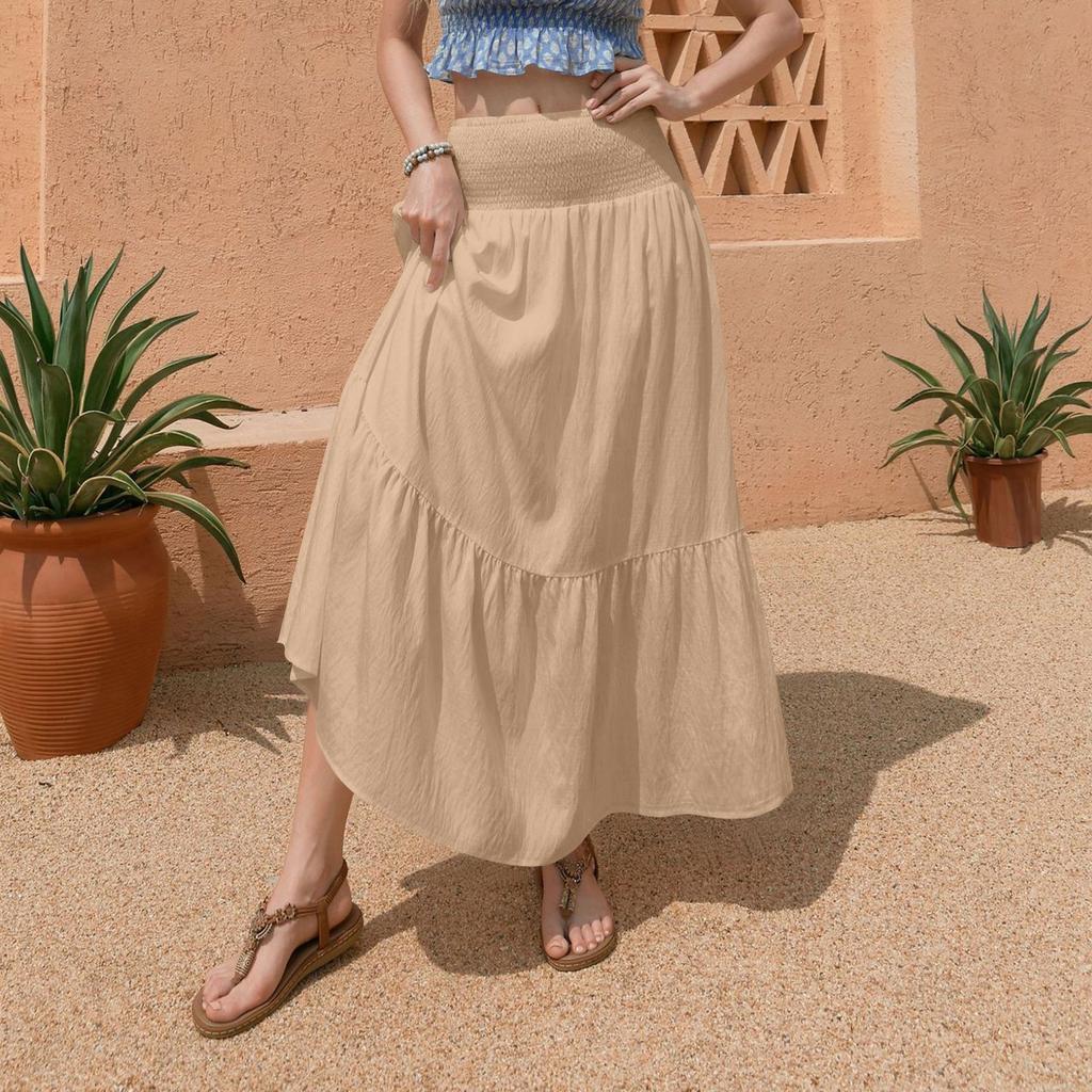 Falda Midi Casual Holgada de Verano para Mujer, Colorida, Cintura Elástica, Línea A, Bolsillo, Cintura Alta