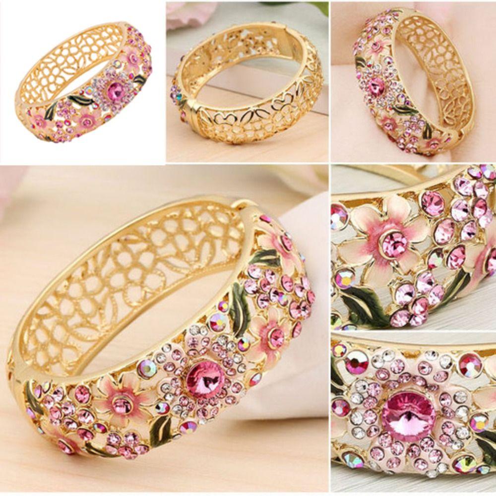 Enamel Chinese Cloisonne Bracelet Rhinestone Women's Hand Bracelet Hollow Out Flower Bangle  Gifts