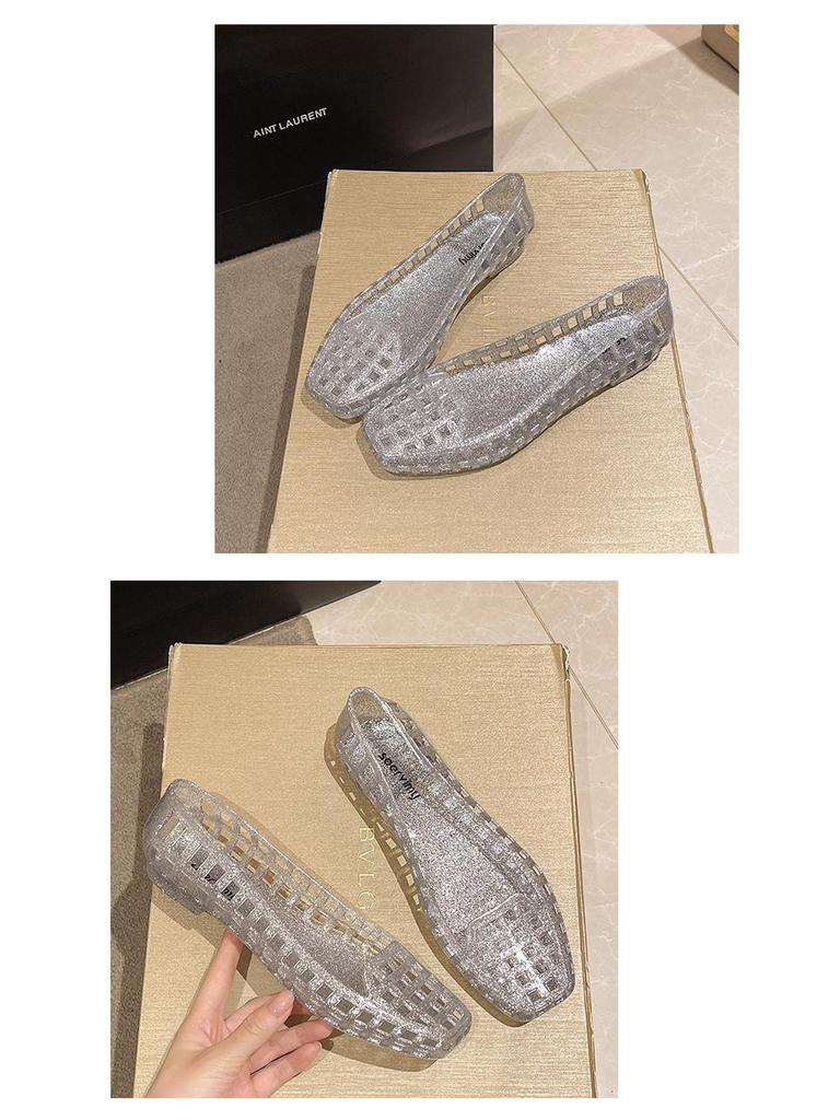 Korean-Style Low-Cut Crystal Flat Sandals & Slip-On Jelly Shoes with Square Toe