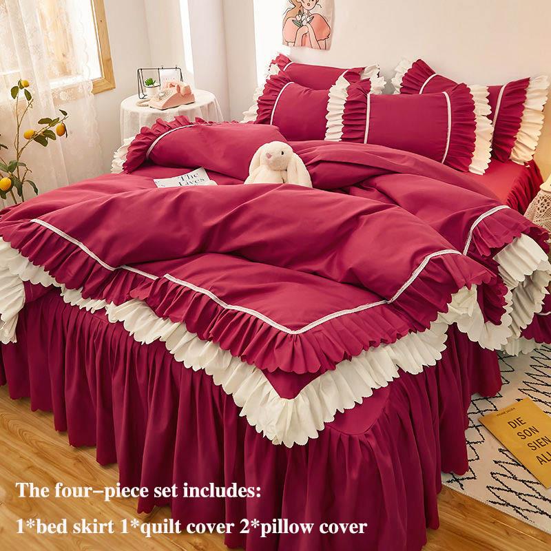 Saia de cama de quatro peças grossa escovada estilo coreano saia de cama e capa de edredão de três peças estilo princesa