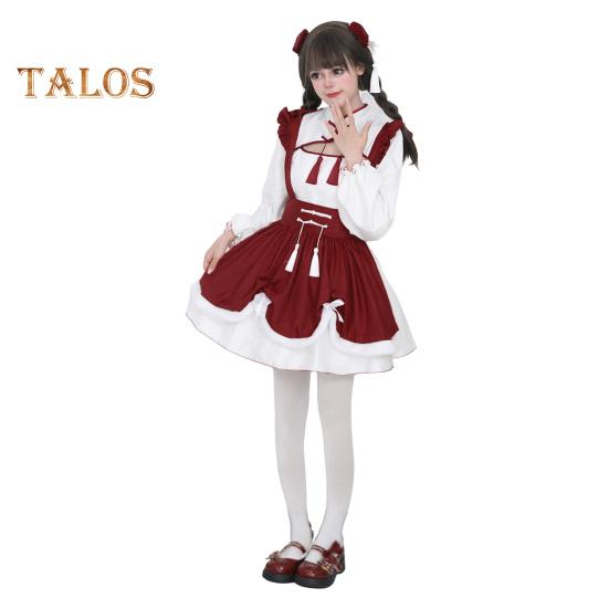 

Платье для косплея в стиле горничной в стиле Лолиты, платье для ролевых игр, ажурная сборка, контрастный цвет, кисточки, бант, плиссированное мини-платье А-силуэта, костюм для новогодней вечеринки XXXL вино красного