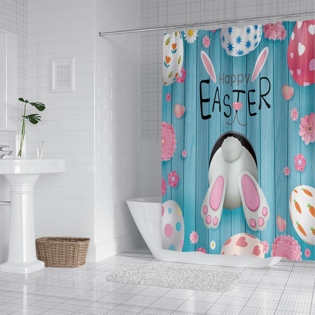 1PC Easter Bunny Easter Egg Decoration Shower Curtain, Playful rabbit theme With 12 hooks,Spring Holiday Bathroom Decoration