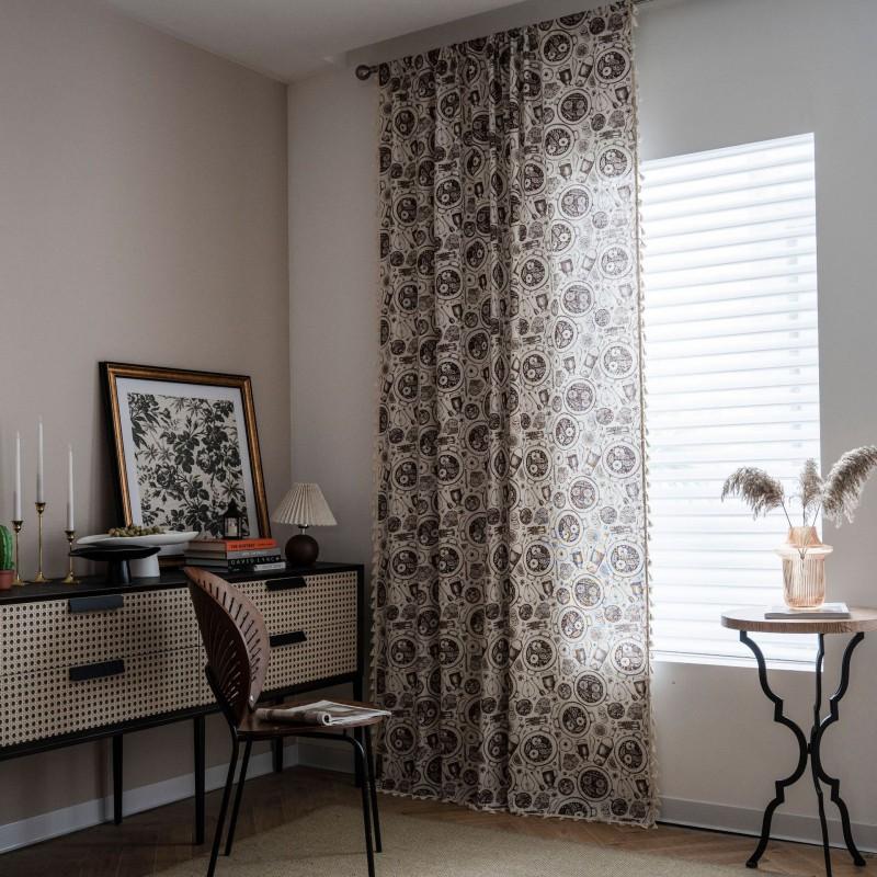 Retro Printed Cotton Linen Curtain With Tassel Trim Kitchen Window Semi-Sheer Panel Living Room Dining Area