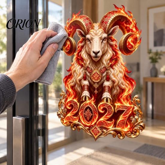 Easy Install Window Stickers 2027 Russian New Year Flame Goat Static Glass Sticker, PVC Zodiac Sheep Cling for Home and Retail Store Displays