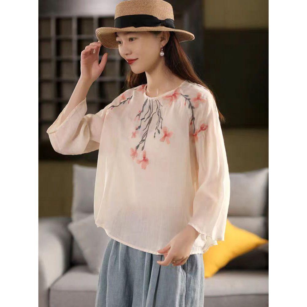 Summer new cotton and linen embroidered blouse long-sleeved women's light and thin loose casual large-size cotton and linen top