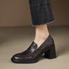 Hand-clutched Sheepskin High-heeled Versatile Deep-mouth Single Shoes Women's 2025 Autumn New British Retro One-pedal Thick-heeled Loafers