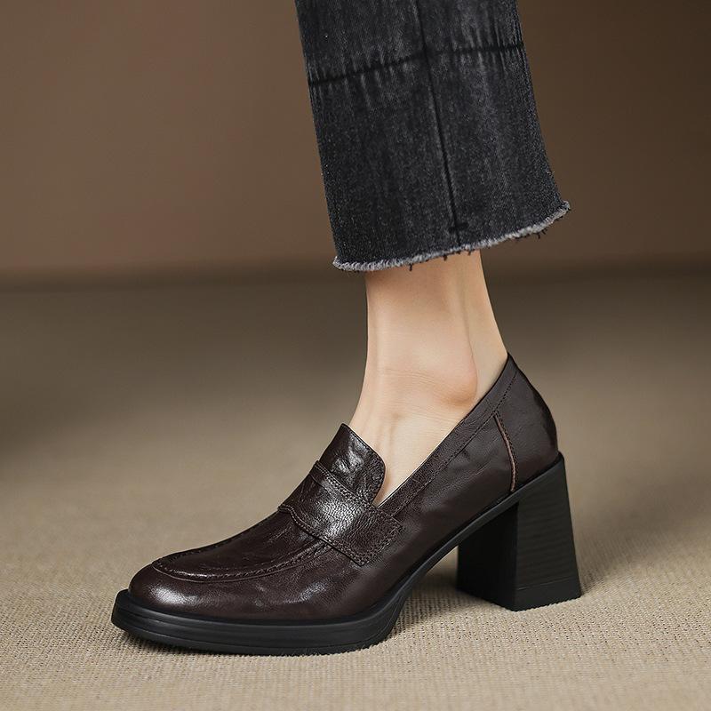 Hand-clutched Sheepskin High-heeled Versatile Deep-mouth Single Shoes Women's 2025 Autumn New British Retro One-pedal Thick-heeled Loafers