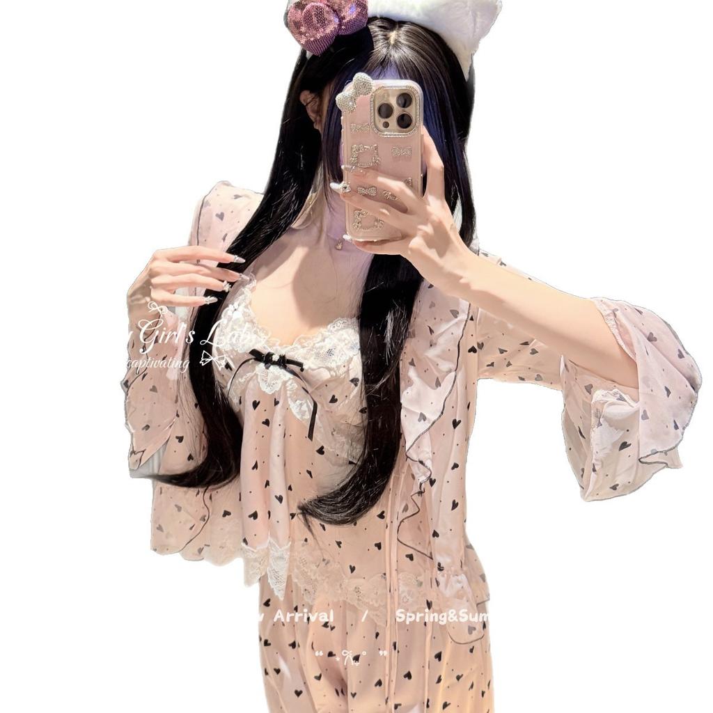 Miubby 'Ice Berry Love' spring/summer pure and sweet heart-shaped lace lace girl's ice silk pajama three-piece set
