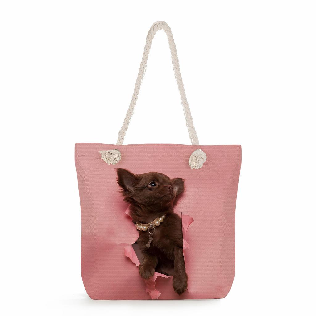 Multifunctional Dog Printed Thick Rope Shoulder Beach Bag Casual Large Capacity Handbag 7621 KTB