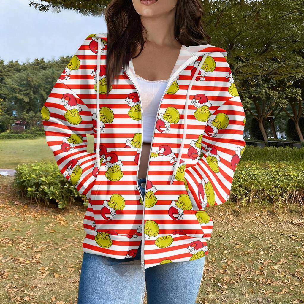 Women's Casual Fashion Long Sleeve Zipper Printed Hooded Sweatshirt