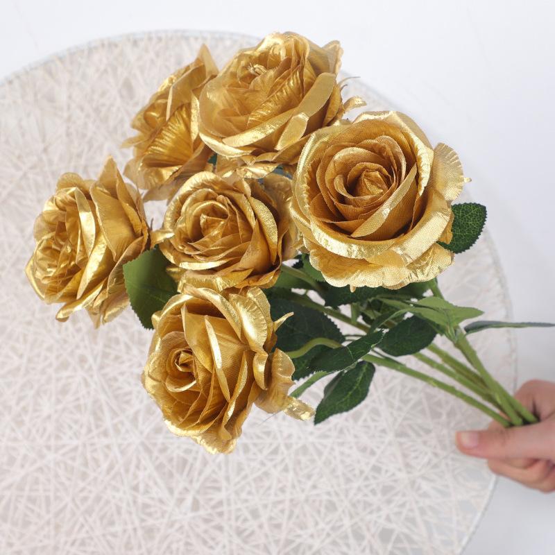 6 Pcs-Artificial Gold Rose Scene Decoration Party Wedding Roadside Flower Arrangement Home Decoration Birthday Party Decor