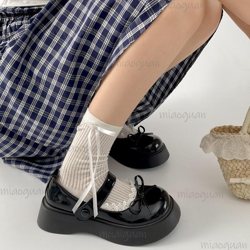 Fashion Fashion Black Beige PU Leather Women's Mary Jane Shoes Thick Bottom Bowknot Lace Decor Ladies Pumps Elegant Lolita Platform Shoe
