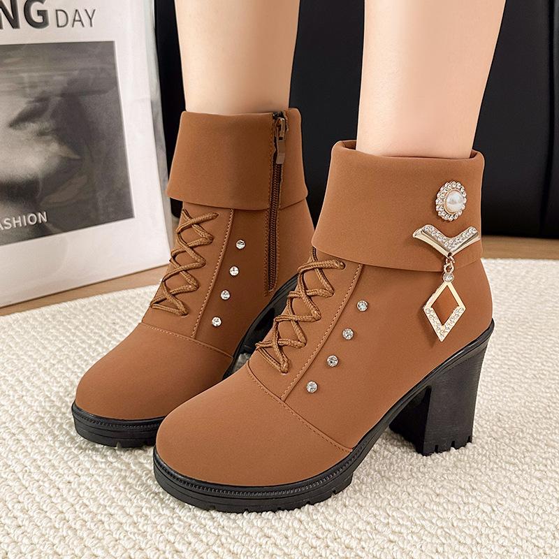 Autumn new boots rhinestone wool mouth high heel thick heel large size fashion boots shoe zipper