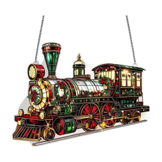 Yousheng Acrylic Suncatcher Christmas Ornaments Stained Glass Effect 2D Flat Train/Christmas Tree/Santa Claus Window Hanging Decoration for Holiday