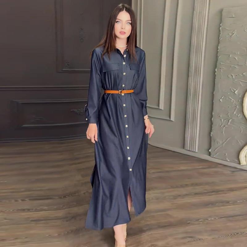 2024 Autumn European and American Women's Solid Color Turn-down Collar Multi-button Shirt Dress